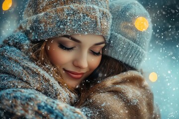 Woman in winter clothes and hat looking down at snow.