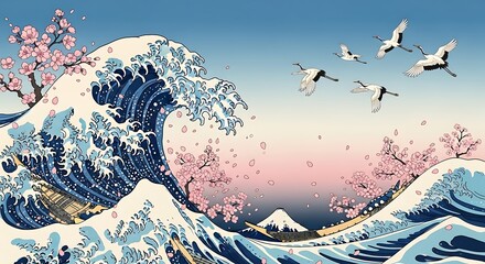 A majestic ukiyo-e style wave crashes with cherry blossoms, flying cranes, and Mount Fuji in the background.