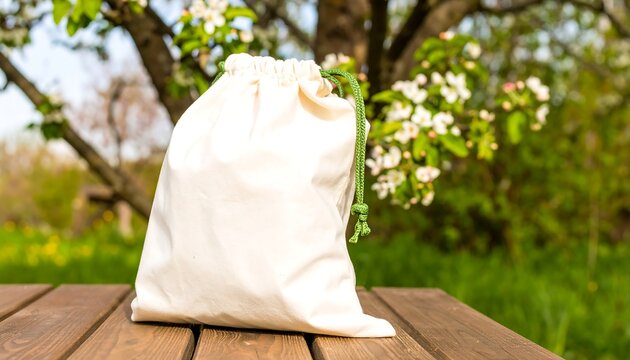 Cream-colored reusable shopping bag on wooden table, spring blossoms