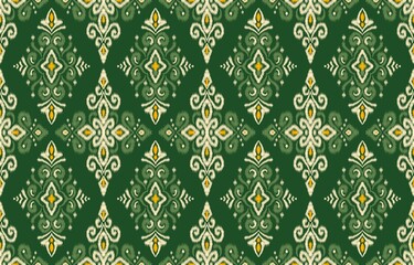 Green and Yellow Traditional Ikat Diamond Seamless Textile Pattern