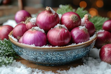 Red onions in bowl with snow.