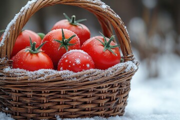 Basket full of snow-covered tomatoes in winter.