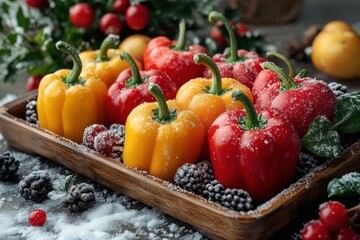 Wooden tray full of red and yellow peppers.