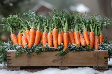 Snow-covered carrots in wooden crate.