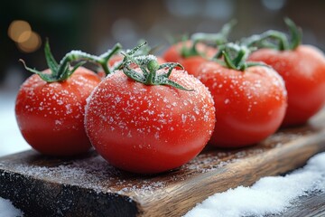 Tomatoes on wooden board in snow.