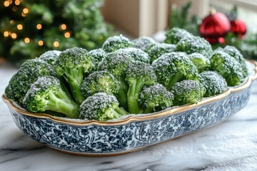 Bowl of broccoli covered in snow.
