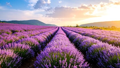 Obraz premium Fields of lavender bloom at sunset, creating a peaceful atmosphere for emotional wellness