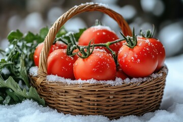 Tomatoes in basket on snow.