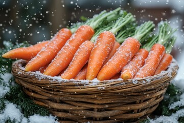 Basket full of snow-covered carrots.