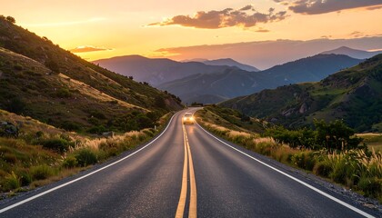 Fototapeta premium Golden Hour Drive on a Winding Mountain Highway.