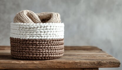 Obraz premium A knitted basket, beige and brown, holds a folded beige sweater on a rustic wooden table against a textured grey wall