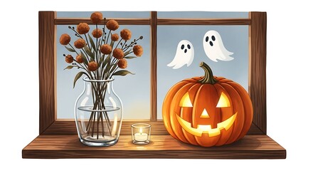 Halloween scene with pumpkin and ghosts outside window