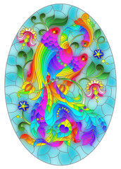 An illustration in style of stained glass window with magical bright bird on a branch, against the background of sky