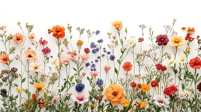 A hand-drawn colored pencil illustration of mixed garden flowers, organized in rows like a botanical chart, white background, detailed textures showing petals, stems, and leaves.