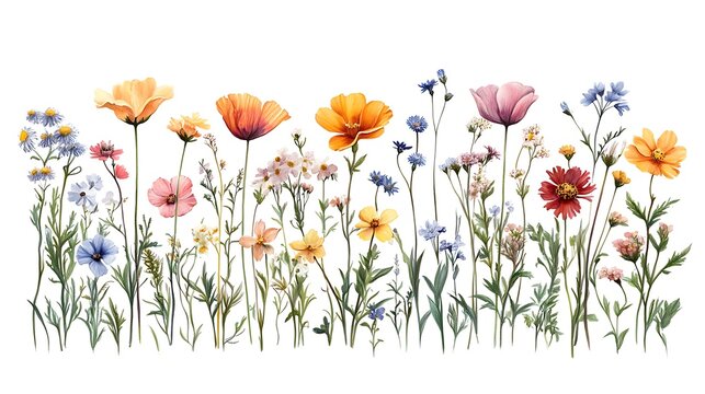 A hand-drawn colored pencil illustration of mixed garden flowers, organized in rows like a botanical chart, white background, detailed textures showing petals, stems, and leaves.