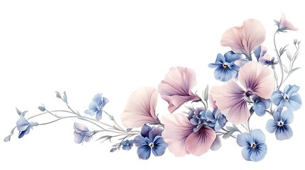 A horizontal illustration of vintage sweet peas and violets curling in a corner arrangement, hand-drawn with colored pencils, subtle shading, light tones on white background.