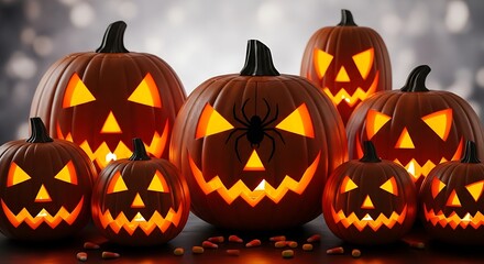 Spooky Halloween Jack O Lanterns Glowing in Darkness
