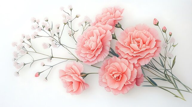 A romantic bouquet of soft pink carnations and delicate baby&rsquo;s breath, hand-drawn in colored pencils with pastel tones, arranged naturally against a clean white background.