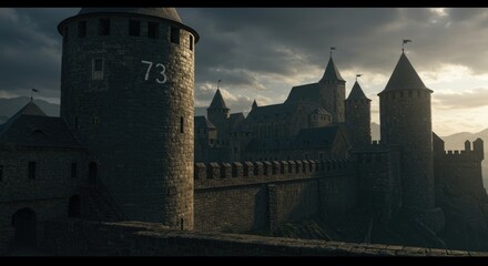 Fototapeta premium Ancient Stone Castle Fortress Under Dramatic Sky