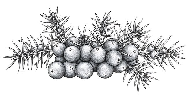 Detailed botanical illustration of juniper berries and needles on white