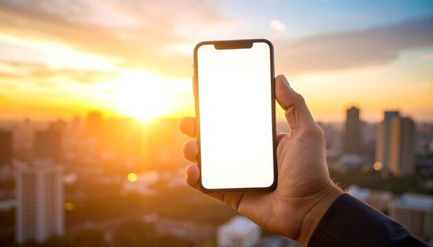 Hand holding a smartphone with a blank screen against a sunset cityscape.