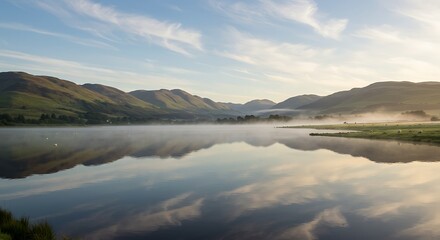 Scenic landscape photograph of calm lake water reflecting mountains and sky