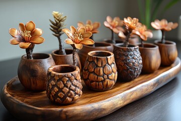 Fototapeta premium small wooden vases on a tray.