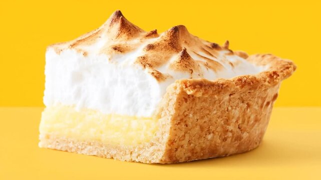 Delicious slice of lemon meringue pie on yellow background close up
