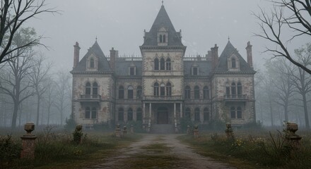 Eerie Foggy Victorian Mansion Exterior