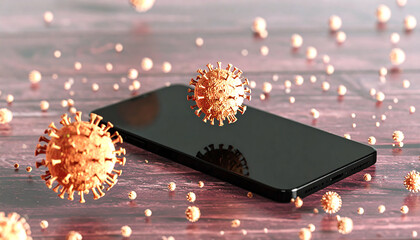 Coronavirus Particles Hovering Around a Smartphone on Wooden Surface, Pandemic Concept
