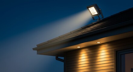Exterior spotlight illuminating a building roof against a dark sky