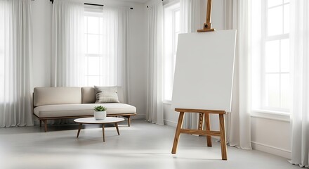 Fototapeta premium Art studio interior featuring an easel with a blank canvas, evoking creativity and design