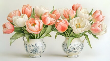 Obraz premium Artistic composition of tulips and peonies in a vintage porcelain vase, colored pencil drawing, soft blush and cream petals with green stems, centered on a white background.