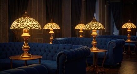 Elegant Interior with Blue Tufted Sofas and Tiffany Lamps