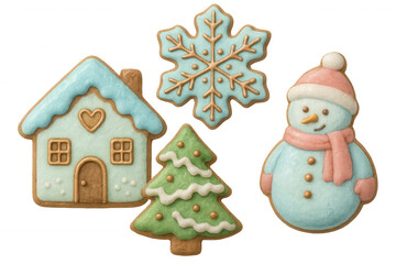 Christmas gingerbread cookies set featuring snowman, snowflake, christmas tree, and cozy house, transparent background
