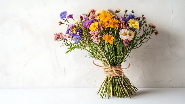 Artistic hand-drawn sketch of a bouquet of wildflowers wrapped in twine, loosely structured and softly colored in pastels, placed on a white paper backdrop. Pencil lines and subtle shadows visible.