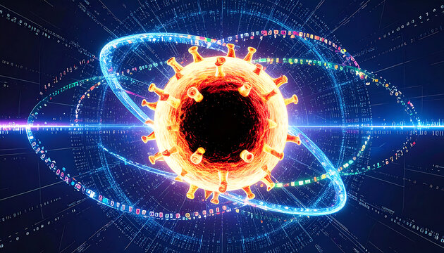 Digital Rendering of Coronavirus with Glowing Data Rings and Binary Code