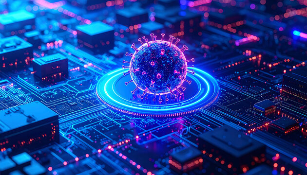 Digital Virus: Futuristic Rendering of Coronavirus on Circuit Board. - Powered by Adobe