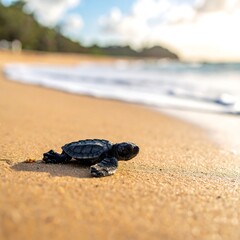 Obraz premium Baby Sea Turtle Crawling to Ocean.