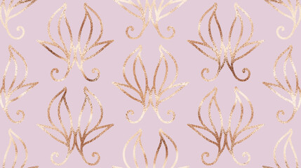 Art deco floral seamless pattern with gold decorative bud tiles.