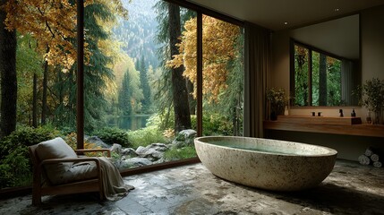 Modern bathroom with large window overlooking forest landscape in autumn.