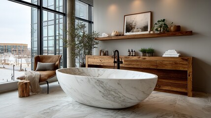 Modern bathroom interior featuring a marble bathtub large window and wooden furniture.