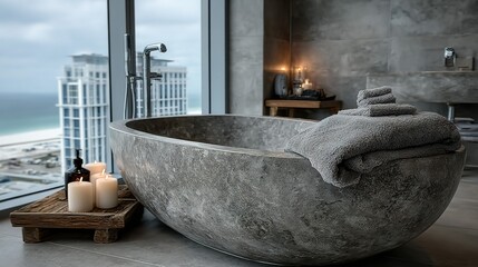 Modern bathroom with stone bathtub candles and city view through large window.