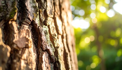 Close-up of Tree Bark Texture in Forest Sunlight.