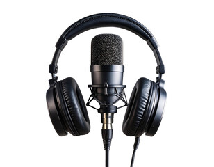 Professional Microphone with Headphones and Sound Waves, Front View, isolated transparent background png