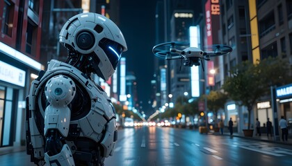 Fototapeta premium A futuristic white robot and a hovering drone stand on a deserted city street illuminated by neon lights at night