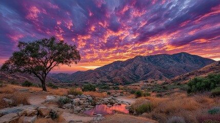 Landscape with tree mountains and a vibrant colorful sunset sky.