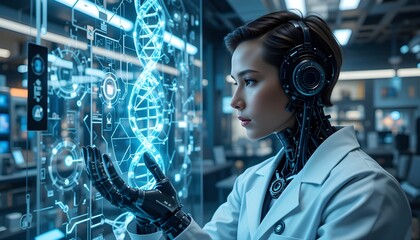 A female scientist with robotic enhancements examines a DNA strand on a holographic display in a futuristic laboratory setting.