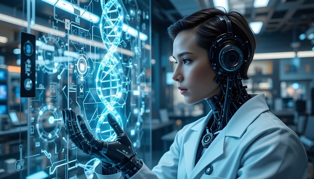 A female scientist with robotic enhancements examines a DNA strand on a holographic display in a futuristic laboratory setting.
