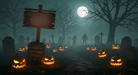 Halloween Night Graveyard with Jack-o'-Lanterns